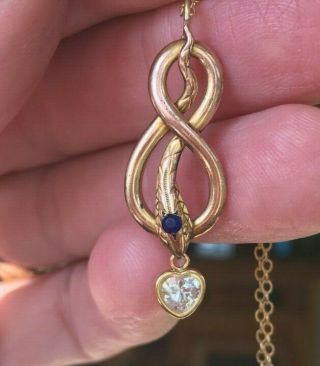 Antique Victorian Snake French With Paste And Heart Drop Pendant Necklace
