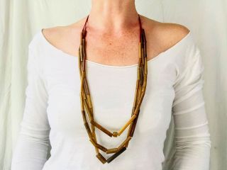 Ancient Glass Tube Beads On Red Leather Cords Multi Strand Necklace.
