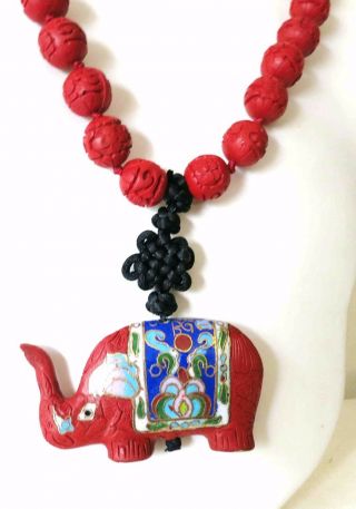 VINTAGE CHINESE CARVED CINNABAR CLOISONNE ELEPHANT PENDANT NECKLACE 33 