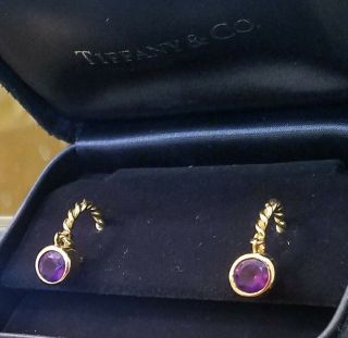 Rare Tiffany & Co 18k Yellow Gold Amethyst Purple Drop Dangle Stud Hoop Earrings