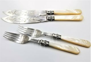 Antique Sterling Silver Fish Fork And Knife Mother Of Pearl Handle 4 Piece Set