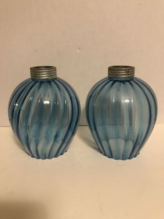 Pair Vintage Mid Century Modern Ice Blue Tension Pole Blown Glass Shades