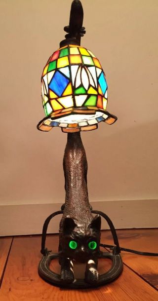 Vintage Cast Iron Bronze Cat Lamp Painted Shade Figural Tiffany Style