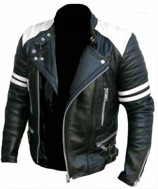 Men’s Brando Classic Biker Black & White Vintage Motorcycle Real Leather Jacket
