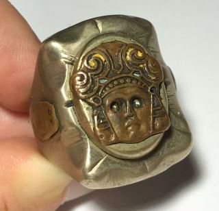 Vtg Mens Mexico Copper Inlaid Silver Tone Mayan Aztec God Face Ring Size 12
