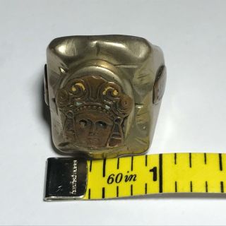 Vtg Mens Mexico Copper Inlaid Silver Tone Mayan Aztec God Face Ring Size 12 6
