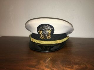 Us Navy Officers Visor Cap - Dress Uniform Cap - White With Badge
