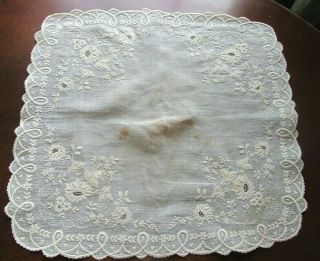 Lovely Antique Brussels Lace Handkerchief Hanky 16 " X 14 " Embroidered As Found