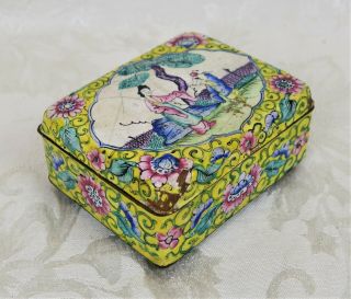 Antique 19th Century Chinese Canton Enamel On Copper Trinket Box Woman And Child