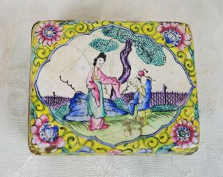 Antique 19th Century Chinese Canton Enamel on Copper Trinket Box Woman and Child 2