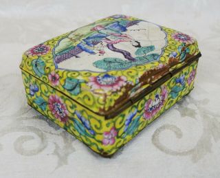 Antique 19th Century Chinese Canton Enamel on Copper Trinket Box Woman and Child 6