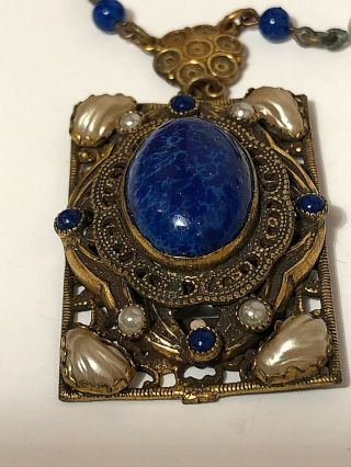 Vintage Necklace Art Nouveau Blue Lapis Peking Glass Bead Filigree Czech 19