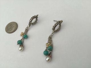 Barbara Bixby Sterling Silver And 18k Gold Turquoise Pearl Dangle Earrings 2” L