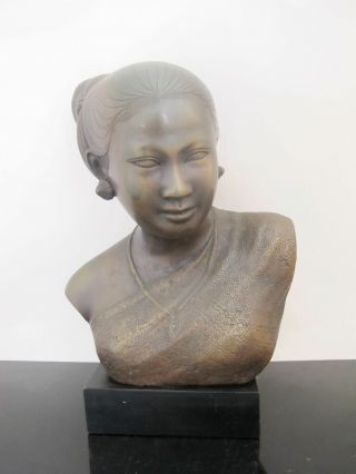 Bronze Sculpture Of Burmese Thai Woman Female Bust Intricately Detailed