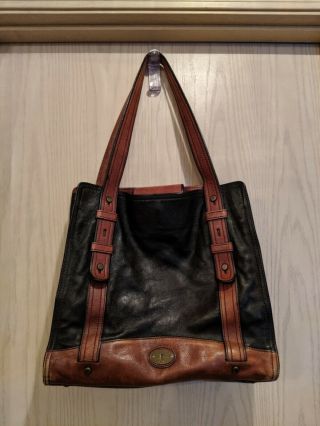 Fossil Vintage Reissue Black Chestnut Brown Leather Extra Large Tote