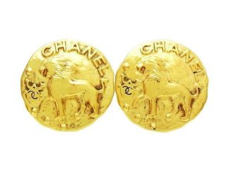 Authentic Vintage Chanel Earrings Lion Large Medal Ea1399