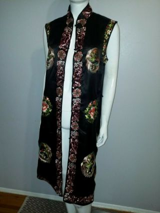 Rare Vintage Chinese Esme Silk Rayon Embroidered Long Vest Robe Jacket Large