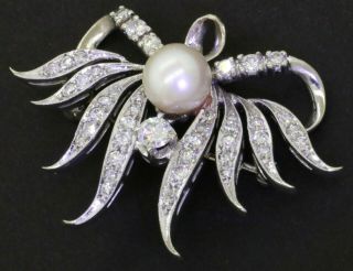 Vintage 1950s 14k Wg Elegant 1.  31ct Vs Diamond & 8mm Pearl Floral Brooch/pendant