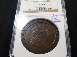 Y83 Great Britain 1797 - Soho 2 Pence Ngc Ms - 63 Brown Ex.  Rare In Ms Cv=$1800