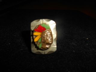 Vintage Mixed Metal Mexican Biker Ring With Native American,  Aztec Chief Enamel