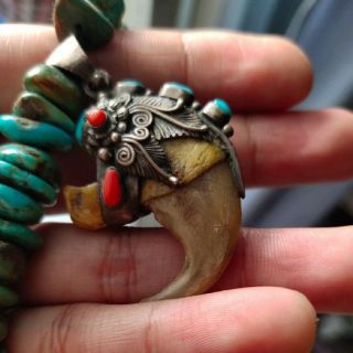 Very Cool Antique Tiger Claw Pendant Sterling Silver With Turquoise And Coral