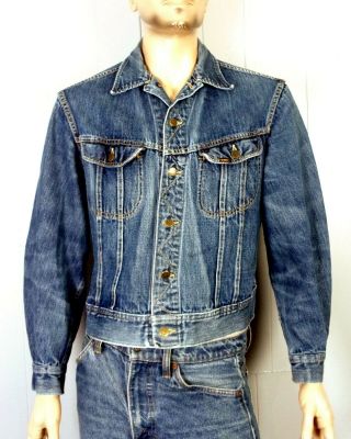 Vtg 60s 70s Lee Usa Made Rugged 101j Denim Jean Jacket Black Catseye Buttons M/l