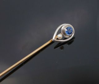 C1900 14k Gold Platinum Natural Sapphire Seed Pearl Stick Pin