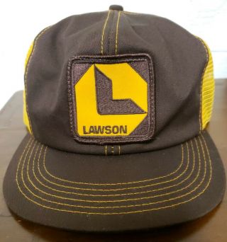 Vtg Lawson K - Products Snapback Hat Trucker Cap Brown Yellow Mesh Patch Usa