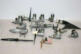 11 Vintage Rc Airplane Engines Some W/ Mufflers,  Props & Noise Cones.