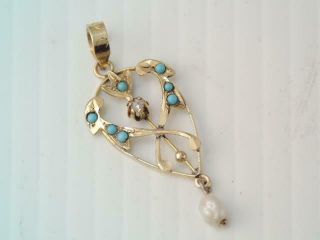 Antique Victorian Solid 14k Gold Rose Cut Diamond Turquoise Lavalier Pendant