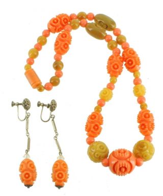 Antique Deco Carved Coral Celluloid Bead Necklace And Dangle Screw Back Earrings