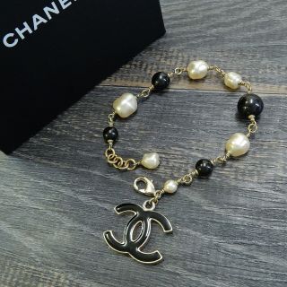 Chanel Gold Plated Black Cc Logos Imitation Pearl Chain Bracelet 4387a Rise - On