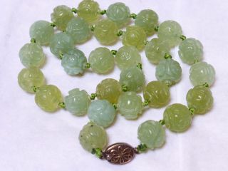 Chinese Vintage Green Jade Carved Shu 12mm Beads Necklace,  Silver Clasp,  67g