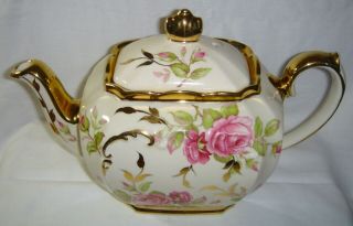 Vintage Sadler Large Cube Shaped Teapot - Large Pink Roses & Gold
