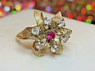 Estate Vintage 14k Yellow Gold Red Ruby & White Sapphire Ring Flower