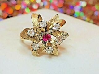 ESTATE VINTAGE 14K YELLOW GOLD RED RUBY & WHITE SAPPHIRE RING FLOWER 2