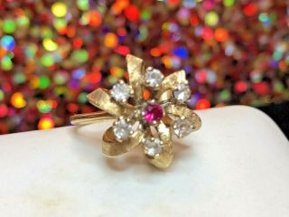 ESTATE VINTAGE 14K YELLOW GOLD RED RUBY & WHITE SAPPHIRE RING FLOWER 3