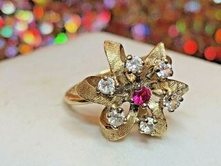 ESTATE VINTAGE 14K YELLOW GOLD RED RUBY & WHITE SAPPHIRE RING FLOWER 4