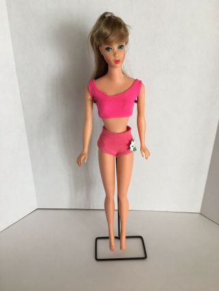 Vintage Standard Mattel Barbie Ash Blonde Mod Pink Bathing Suit W/ Flower Japan