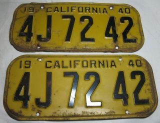 1940 California Un - Restored Vintage License Plate Matched Pair Number 4j 72 42