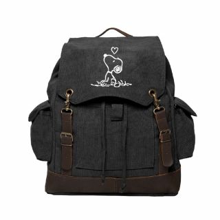 Snoopy In Love Vintage Canvas Rucksack Backpack With Leather Straps