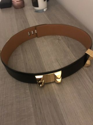 Vtg Authentic HERMES Collier de Chien BELT France Black Leather Gold Plated 70cm 8