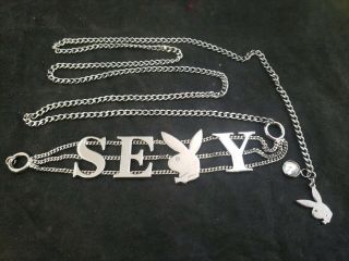 Vintage Signed Playboy Bunny Silver Tone " Sexy " Chain Link Belt,  Advertising
