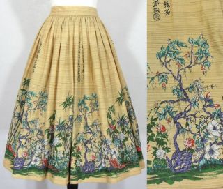 Vtg 50s Lute Song Millworth Fabric Asian Floral Novelty Print Full Skirt Xs 25