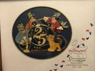 Walt Disney World 25th Anniversary 7 Pin Set.  1997 Vintage,  1996 Framed