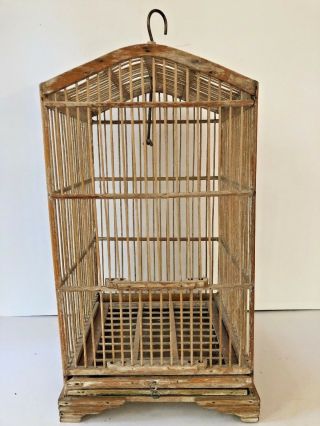 Antique Wooden Bird Cage Birdcage Hanging Or Table Shabby Carved Vintage Wood