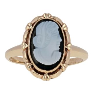 Banded Hardstone Agate Vintage Cameo Ring - 10k Yellow Gold Milgrain Silhouette