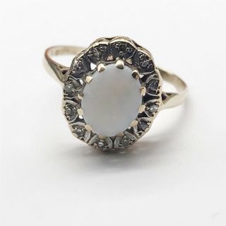 Vintage Ladies Solid 9ct Gold Opal And Diamond Cluster Ring Size T