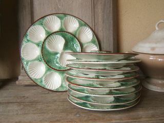 Set 9 Pc Antique French Longchamp Oyster Plate Platter Green White Ivory Ca 1950