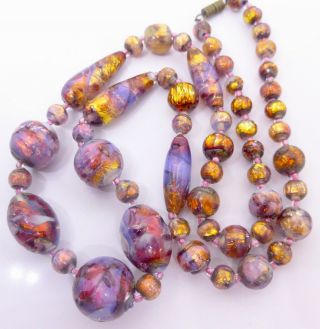 Vintage Venetian Opalescent Fire Foil Glass Bead Necklace Art Deco Glass Beads